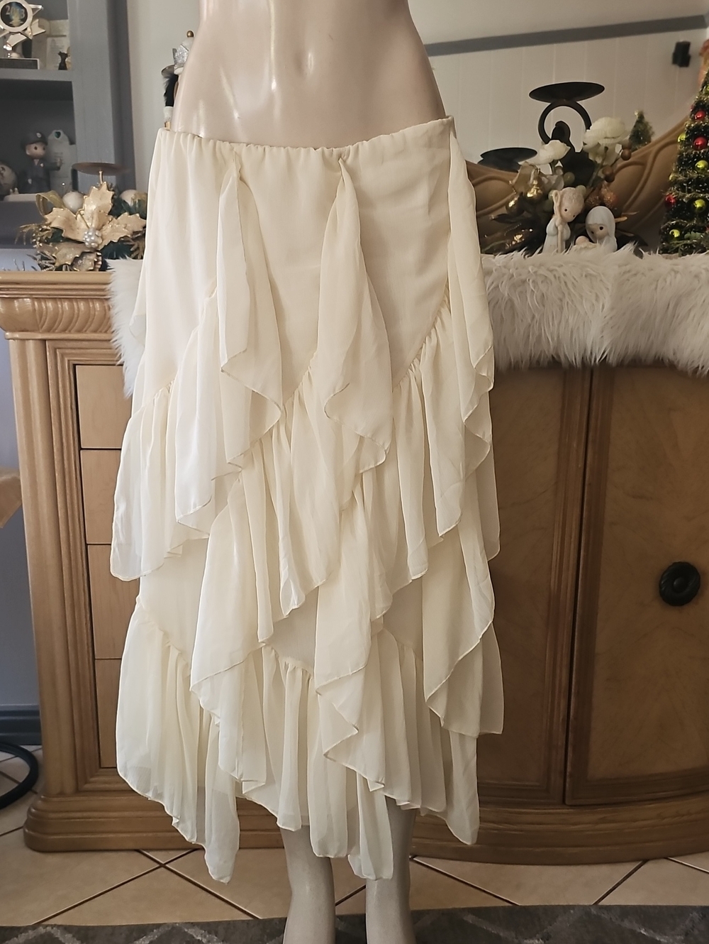 Cream Layered Ruffle Midi Skirt Large